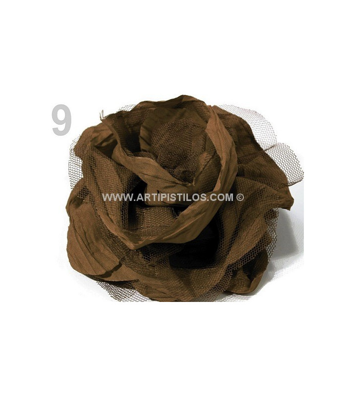 BROCHE FLEUR TISSU ET TULLE 14 CMS.