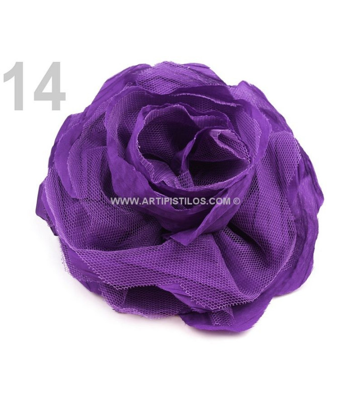 BROCHE FLEUR TISSU ET TULLE 14 CMS.