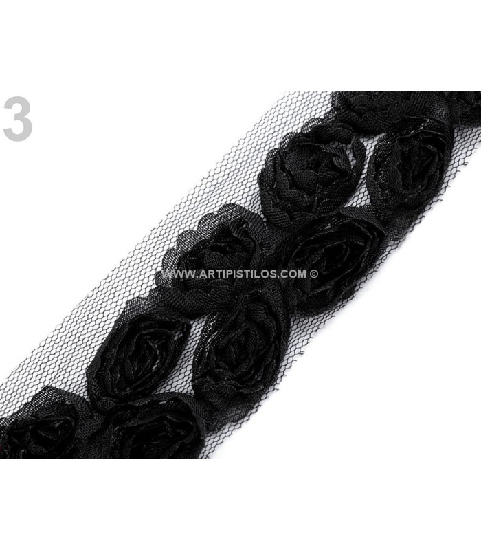 BANDE DE TULLE AVEC ROSES LARGUEUR 40 MM