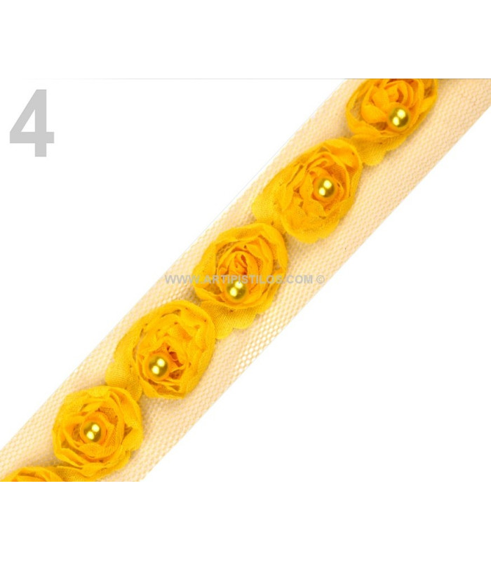 RUBAN ROSES DE TULLE AVEC PERLES
