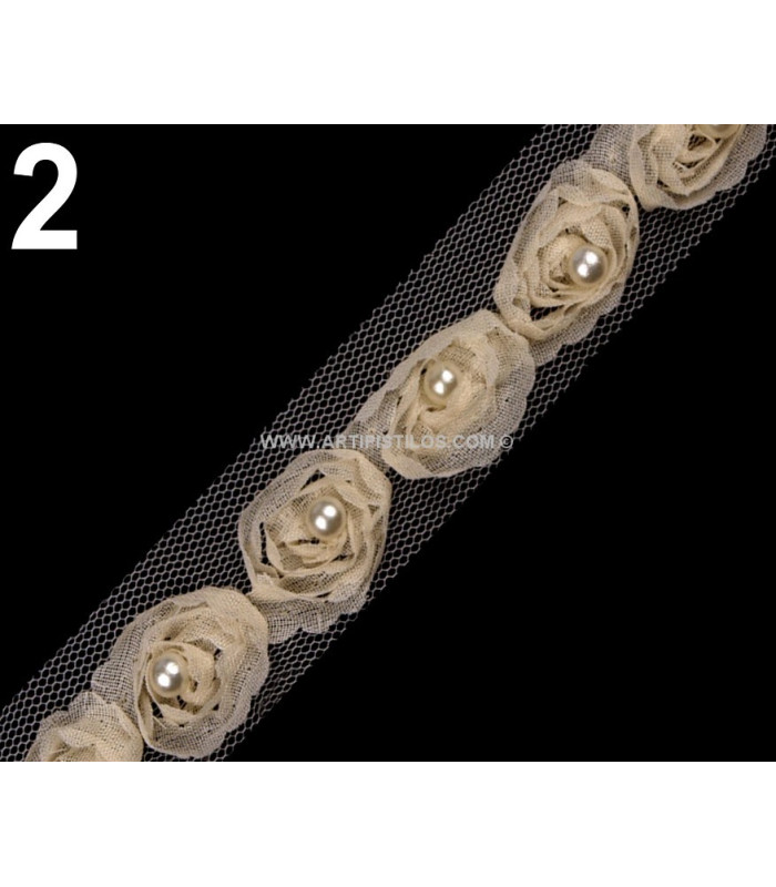 RUBAN ROSES DE TULLE AVEC PERLES