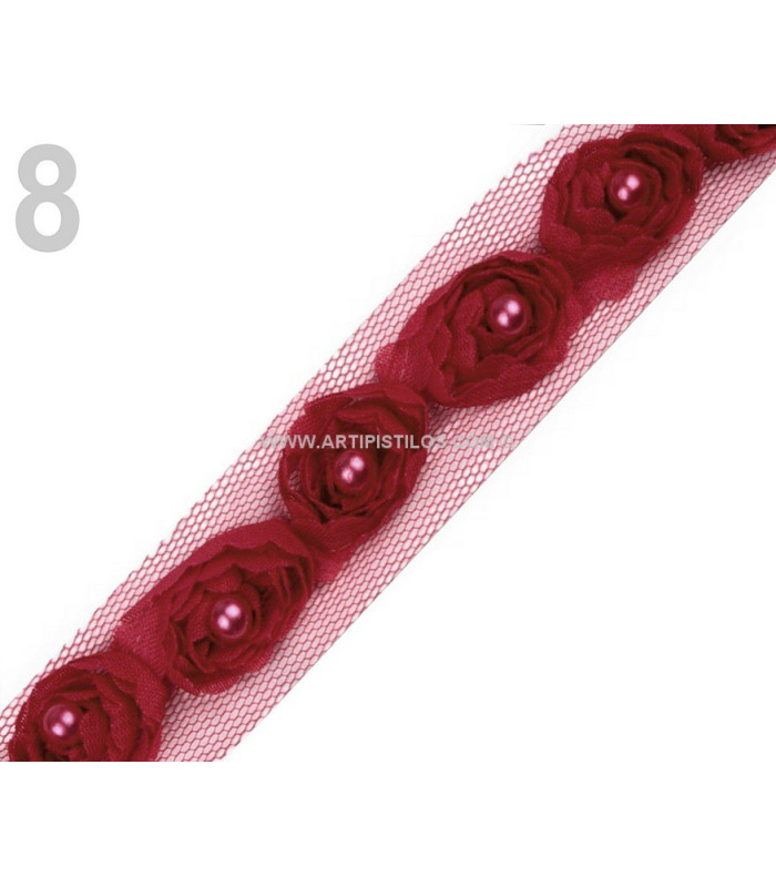 RUBAN ROSES DE TULLE AVEC PERLES