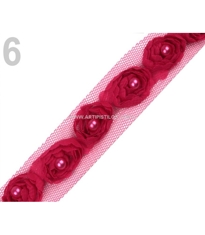 RUBAN ROSES DE TULLE AVEC PERLES