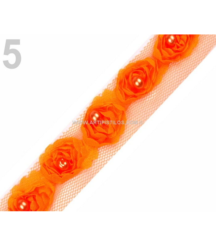 RUBAN ROSES DE TULLE AVEC PERLES