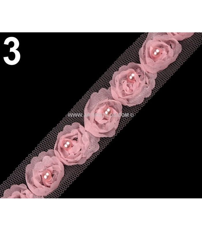 RUBAN ROSES DE TULLE AVEC PERLES